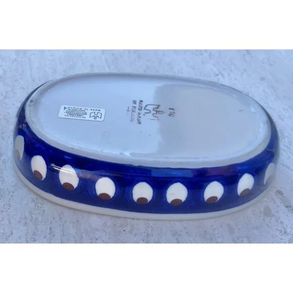 Polish Pottery Oval Dish Sm. Casserole 8"x5" Blue Peacock Eye Pattern Handmade - Picture 3 of 9